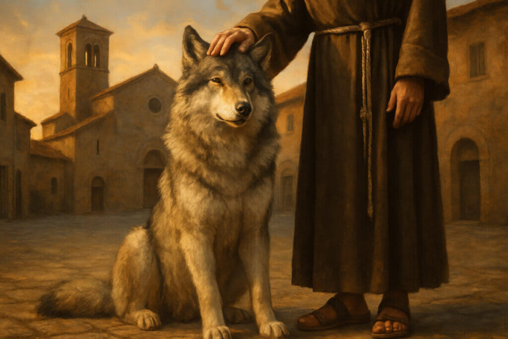  Illustrazione del lupo di Gubbio, simbolo del carattere legato al significato del nome Francesco.