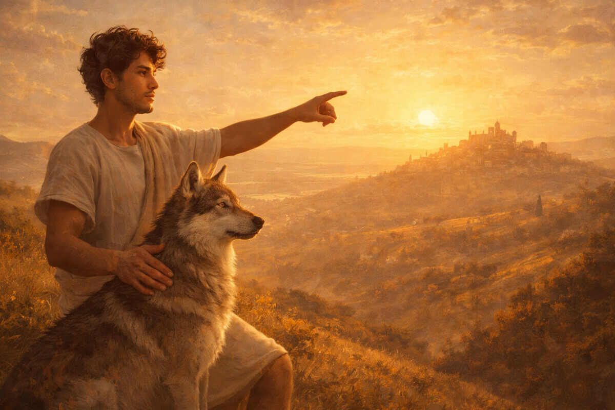 Immagine simbolica del carattere del nome Francesco: un giovane che unisce la gentilezza (accarezza un lupo) e la determinazione (indica l'orizzonte).