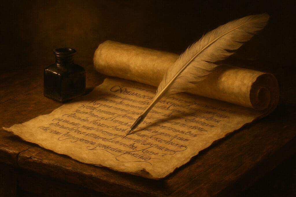  Pergamena e calamaio, a simboleggiare le curiosità culturali legate al significato del nome Francesco.