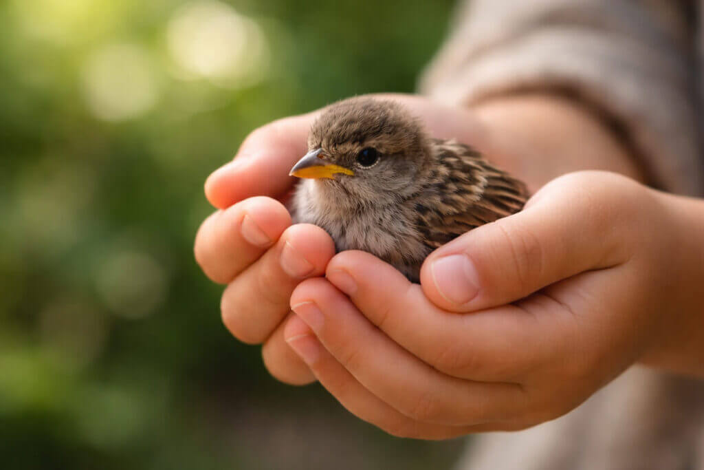 La mano di un bambino che protegge un uccellino, simbolo del significato del nome Alessandro