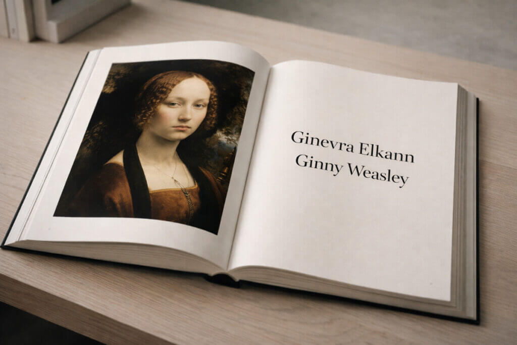 Il nome Ginevra nella storia e nell'arte, rappresentato su una pagina di un libro di design