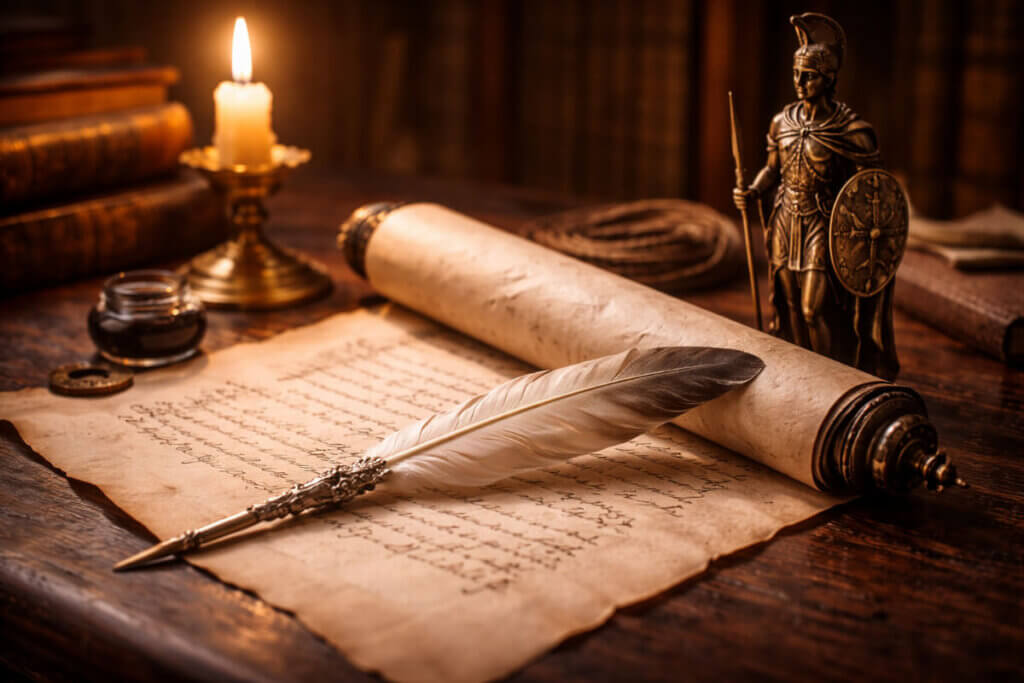 Antica pergamena srotolata con calamaio e candela, a rappresentare l'origine greca e la storia del significato nome Alessandro.