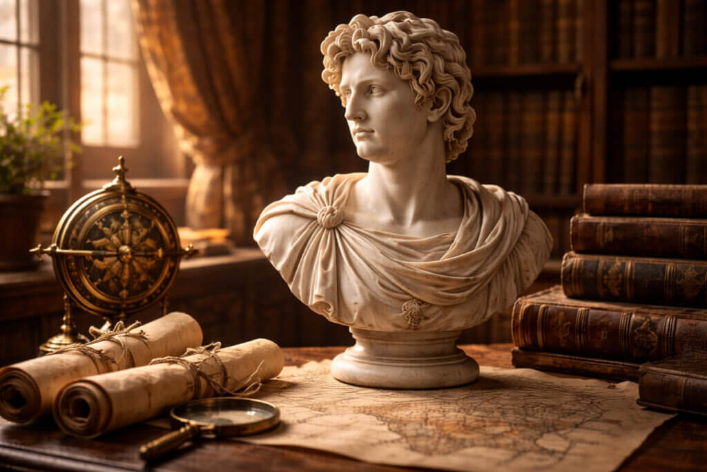 Busto in marmo in stile classico di Alessandro Magno in una biblioteca antica, simbolo dei personaggi storici di nome Alessandro.