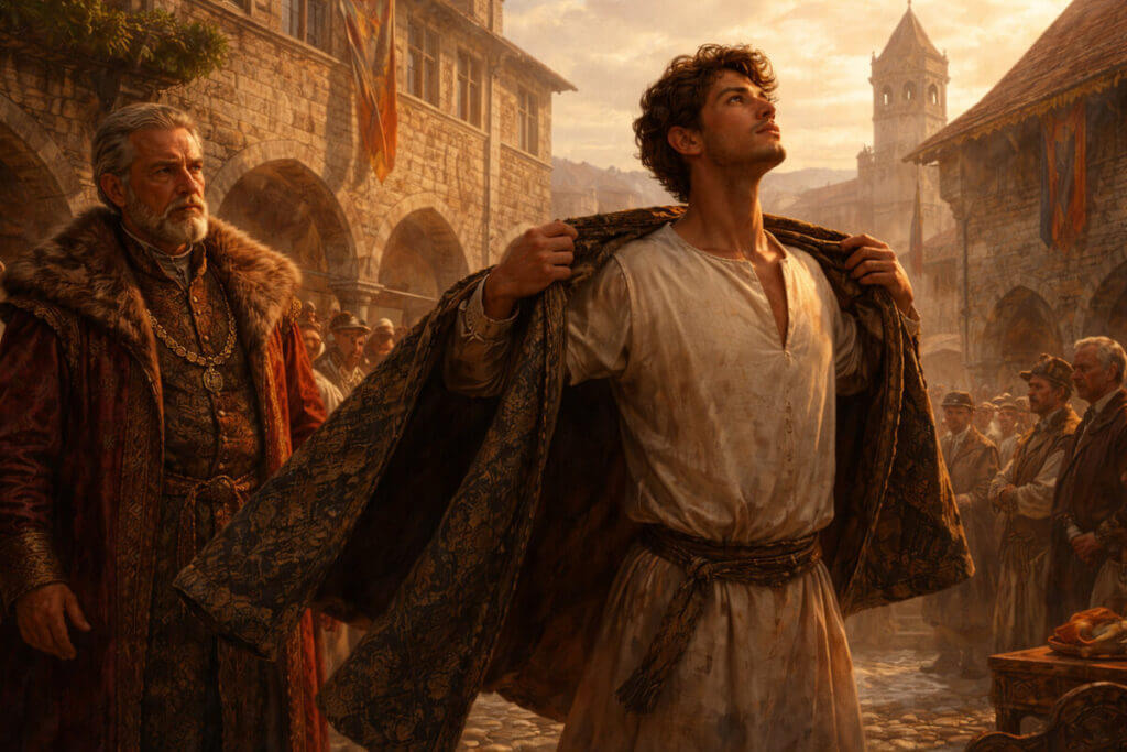 Simbolo della scelta idealista legata al carattere del nome Francesco: un giovane che abbandona le ricchezze per i suoi ideali.