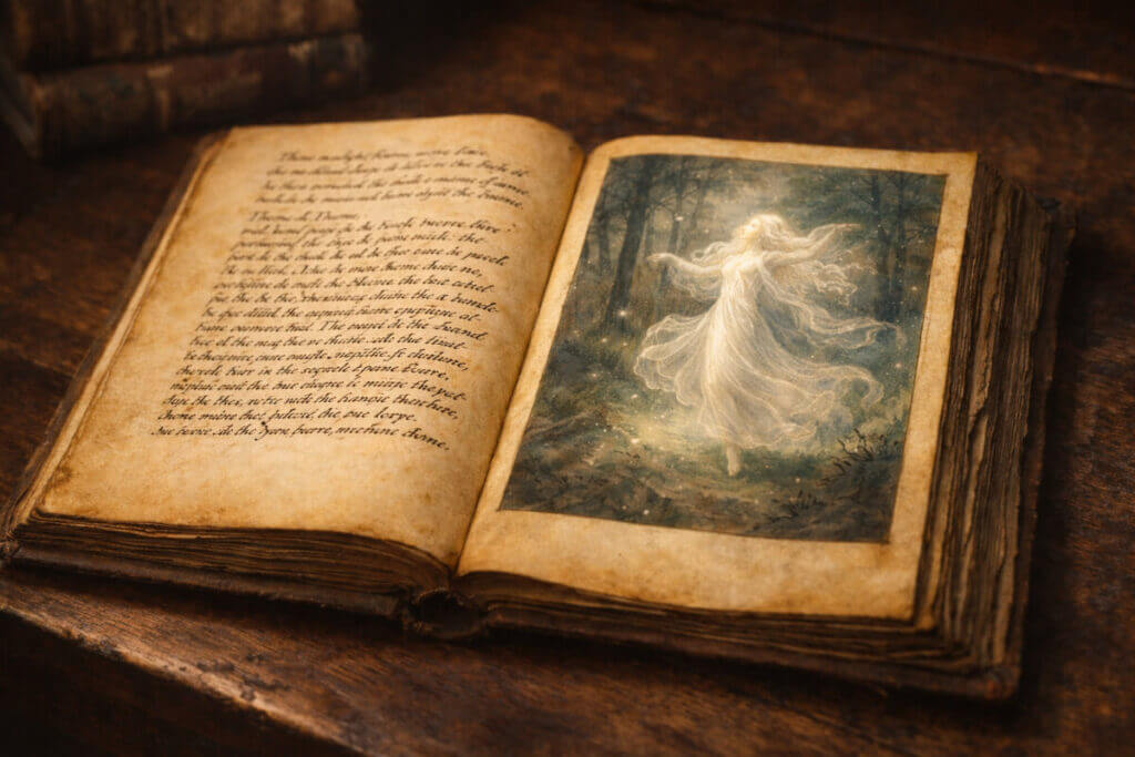 Il significato celtico del nome Ginevra, 'spirito bianco', illustrato su una pagina di un antico libro