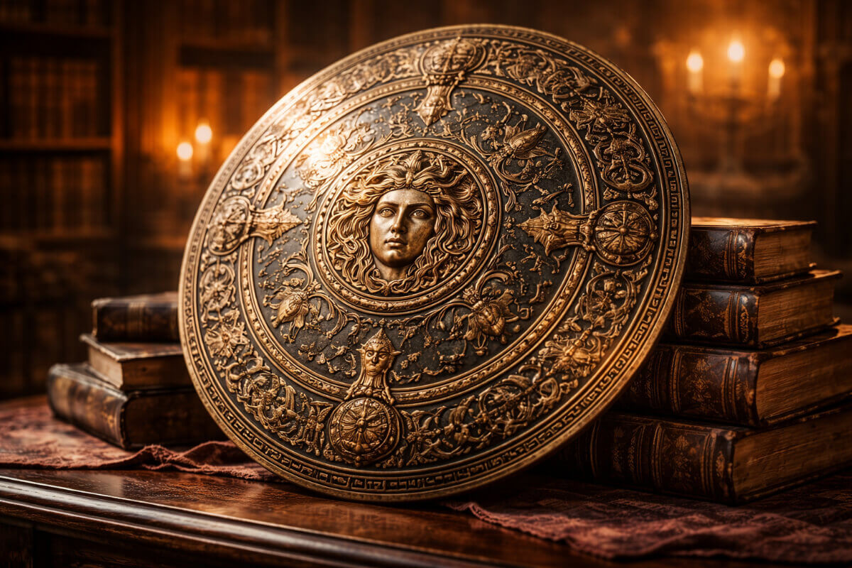 Alternativo (Alt Text): Antico scudo greco appoggiato su libri antichi, a simboleggiare il significato del nome Alessandro come difensore degli uomini.