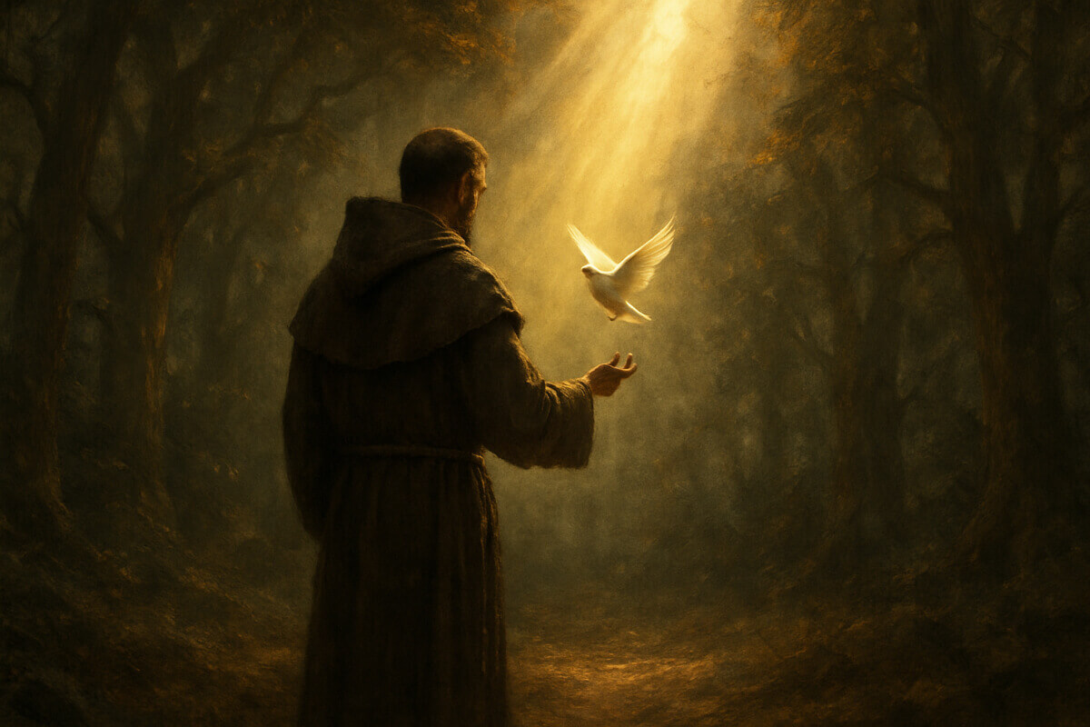 Immagine artistica di San Francesco in una foresta, simbolo del significato del nome Francesco.