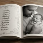 Guida ai 100 nomi maschili più belli del 2026, un padre tiene in braccio il suo bambino, illustrazione da un libro.