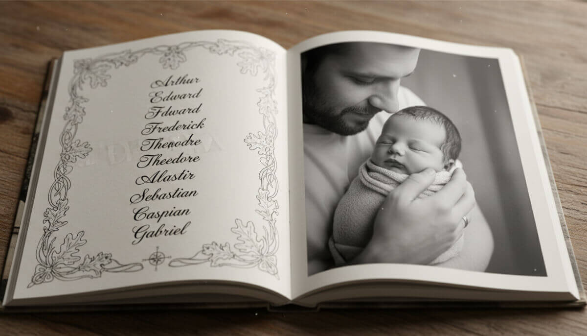 Guida ai 100 nomi maschili più belli del 2026, un padre tiene in braccio il suo bambino, illustrazione da un libro.