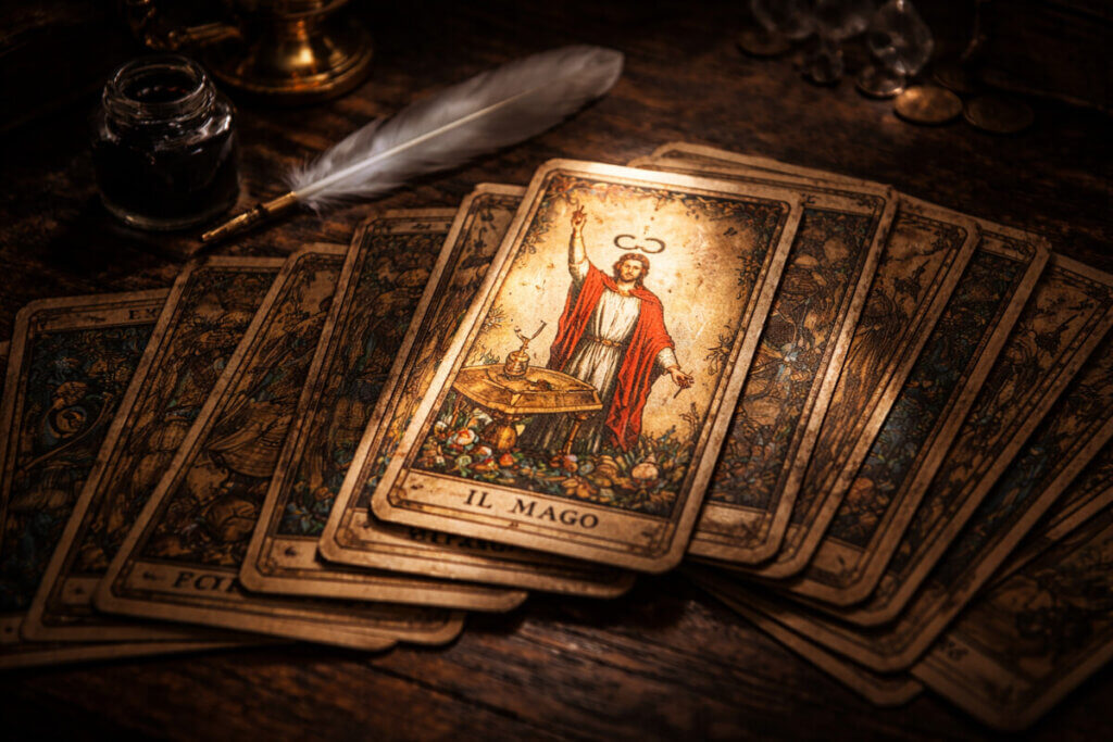Mazzo di tarocchi antichi con la carta del Mago illuminata, a simboleggiare la scoperta dell'anima segreta e della numerologia dei nomi maschili.