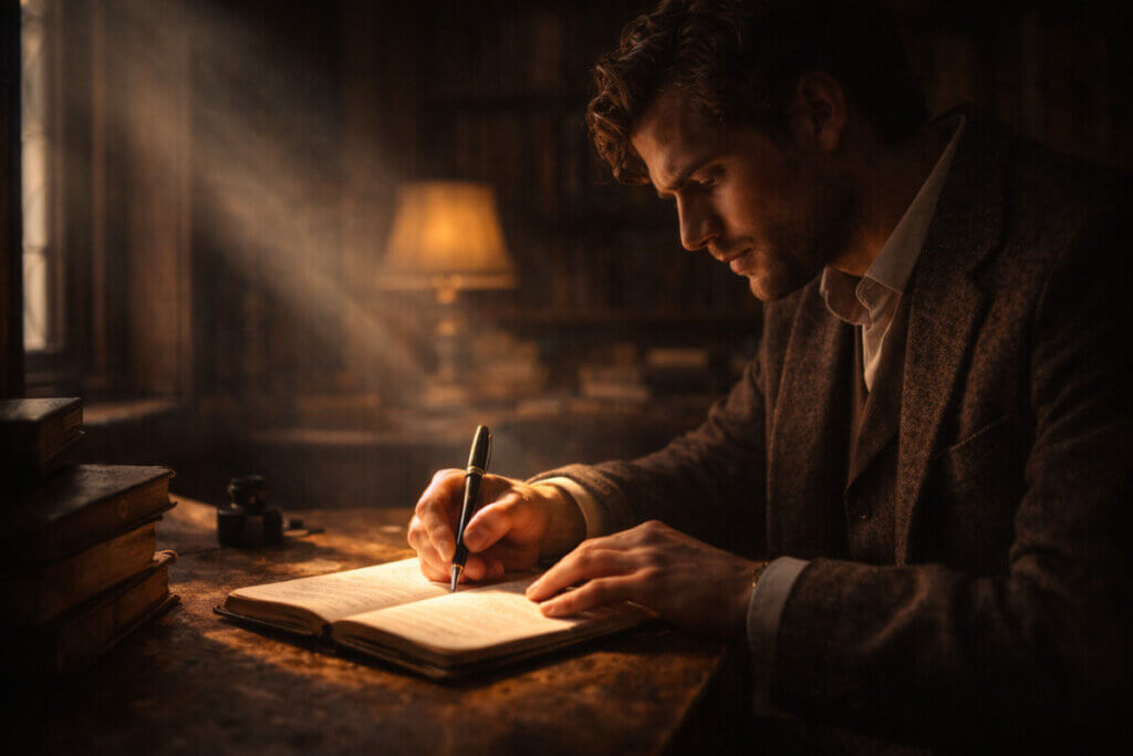 Uomo che scrive su un diario in uno studio classico, a simboleggiare il carattere riflessivo, leale e affidabile associato al significato nome Edoardo.