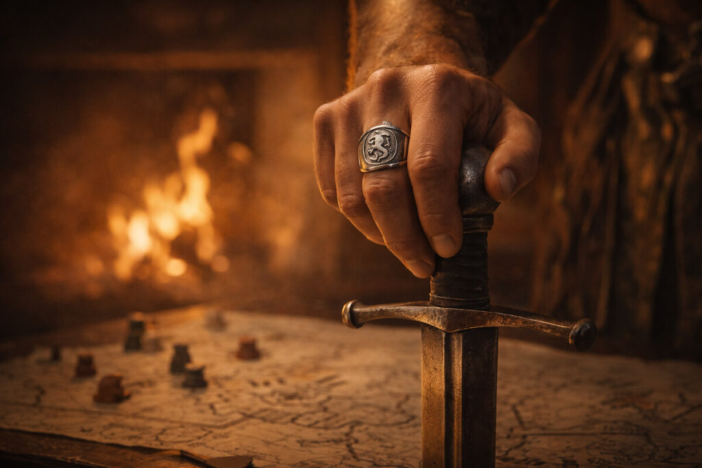 Mano con anello a forma di leone che stringe l'elsa di una spada su una mappa, a simboleggiare il carattere leale e strategico Riccardo