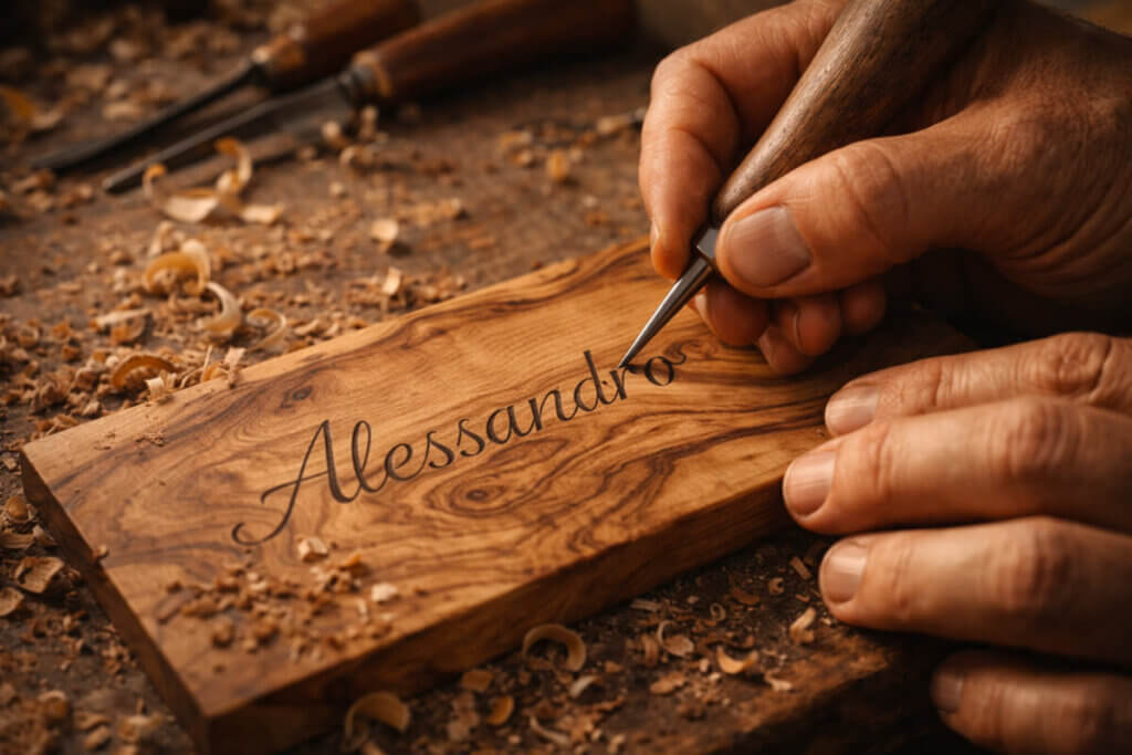 Un artigiano incide un nome maschile italiano classico, simbolo di maestria e tradizione.