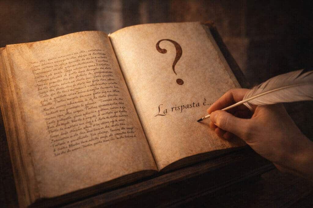 FAQ e domande sui nomi che iniziano con la A: un libro antico con un punto interrogativo.