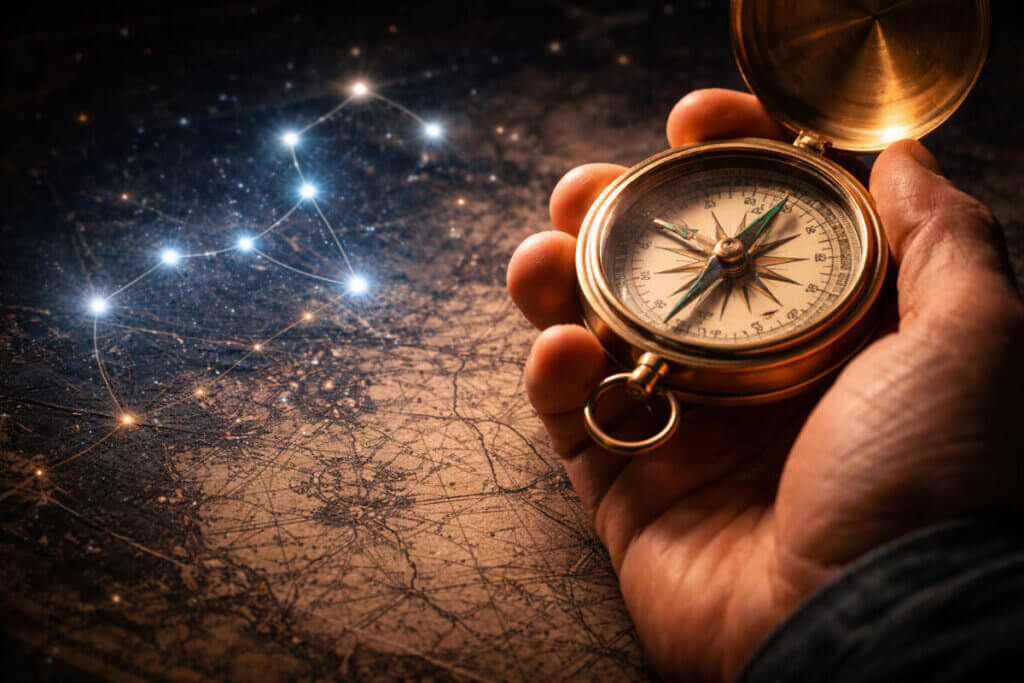 FAQ sui nomi con la E: una bussola su una mappa stellare, simbolo di guida e risposta ai dubbi.