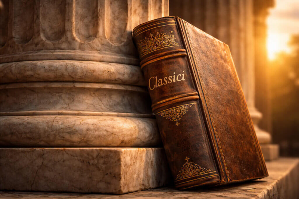 Categoria Nomi Classici: un libro antico appoggiato a una colonna romana, simbolo di nomi senza tempo.