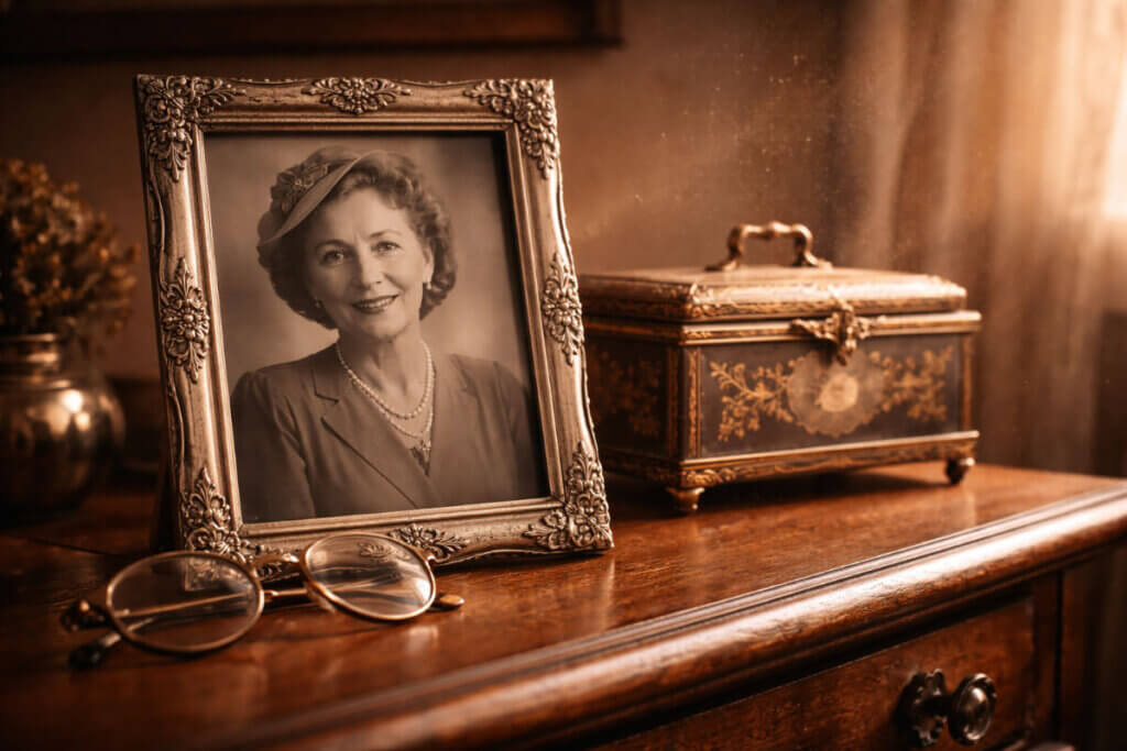 Categoria Nomi Vintage: una vecchia foto in bianco e nero accanto a un carillon, simbolo del fascino retrò.