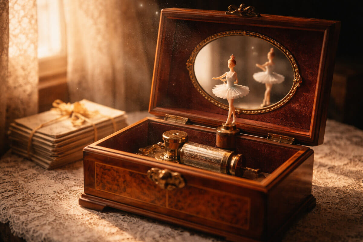 Guida ai 100 nomi vintage più belli: un vecchio carillon in legno, simbolo di ricordi e fascino retrò.