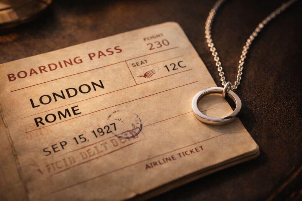  Un biglietto aereo e un gioiello, simbolo della modernità e del viaggio dei nomi con la J.