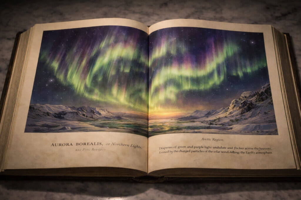 Il nome Aurora e il suo legame con la luce, rappresentato dal fenomeno dell'aurora boreale su un libro di scienze.