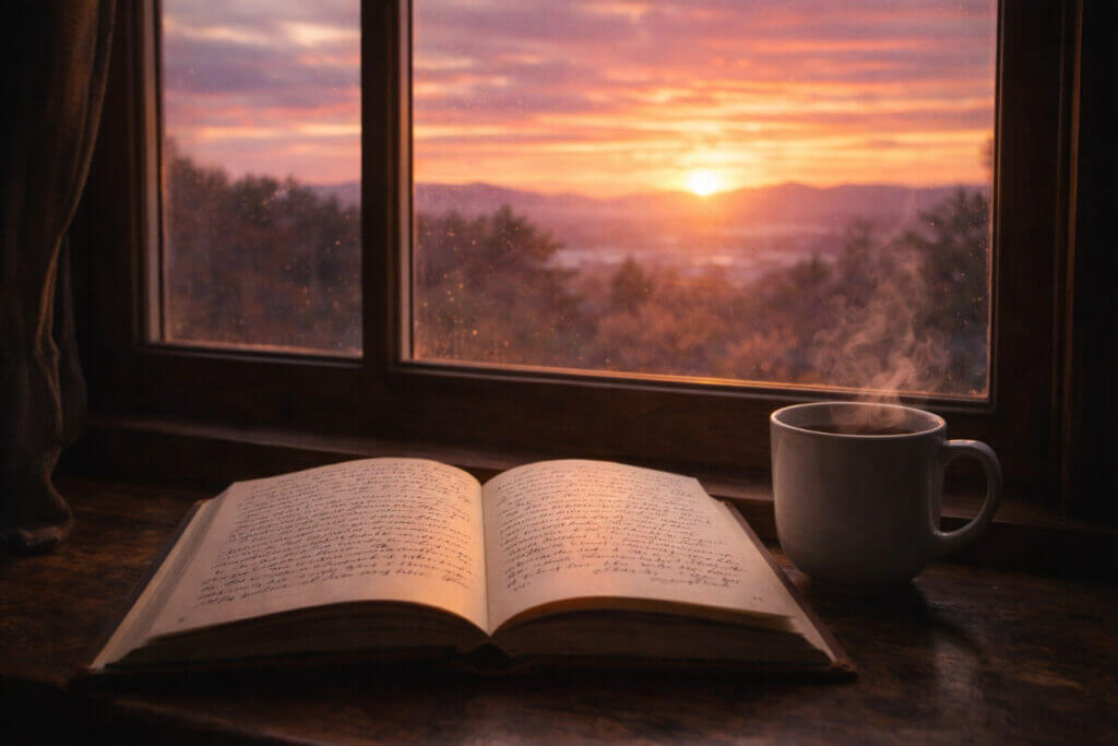 Il nome Aurora come simbolo di un nuovo inizio, rappresentato da un'alba vista da una finestra.