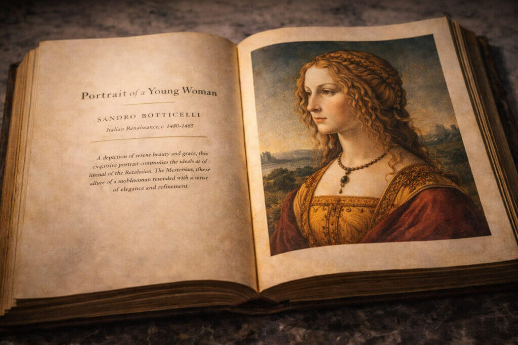 L'eleganza del nome Giulia rappresentata da un ritratto rinascimentale su un libro d'arte.