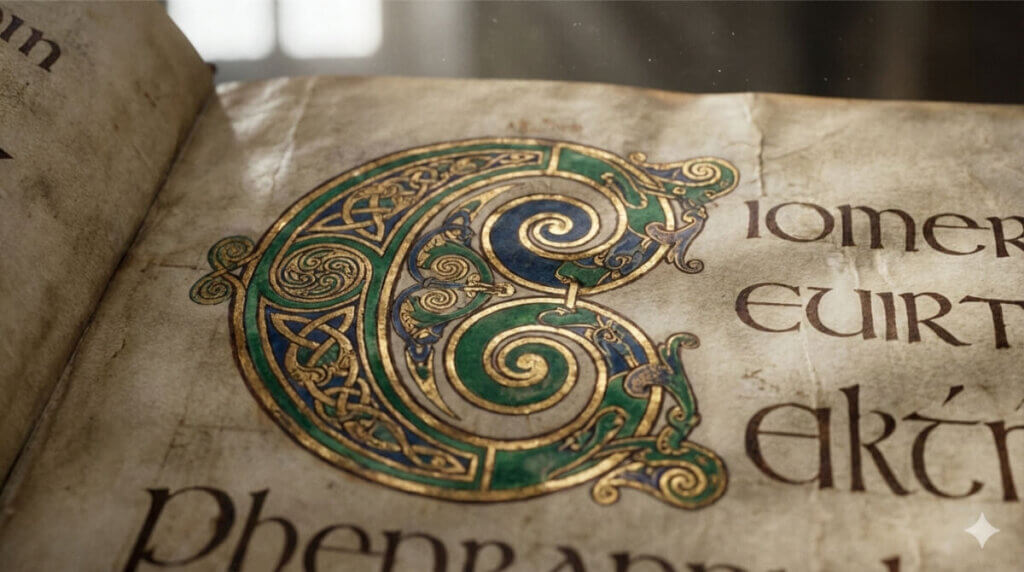 Guida ai nomi con la C: un'antica lettera "C" miniata in stile celtico.