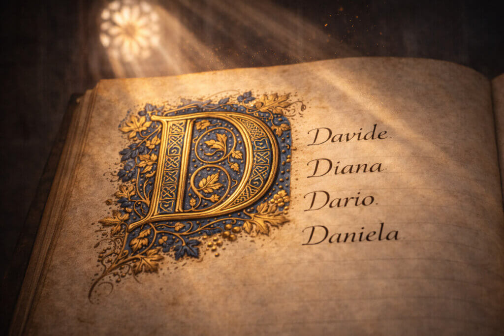 Guida ai nomi che iniziano con la D: un'antica lettera "D" miniata su un manoscritto.