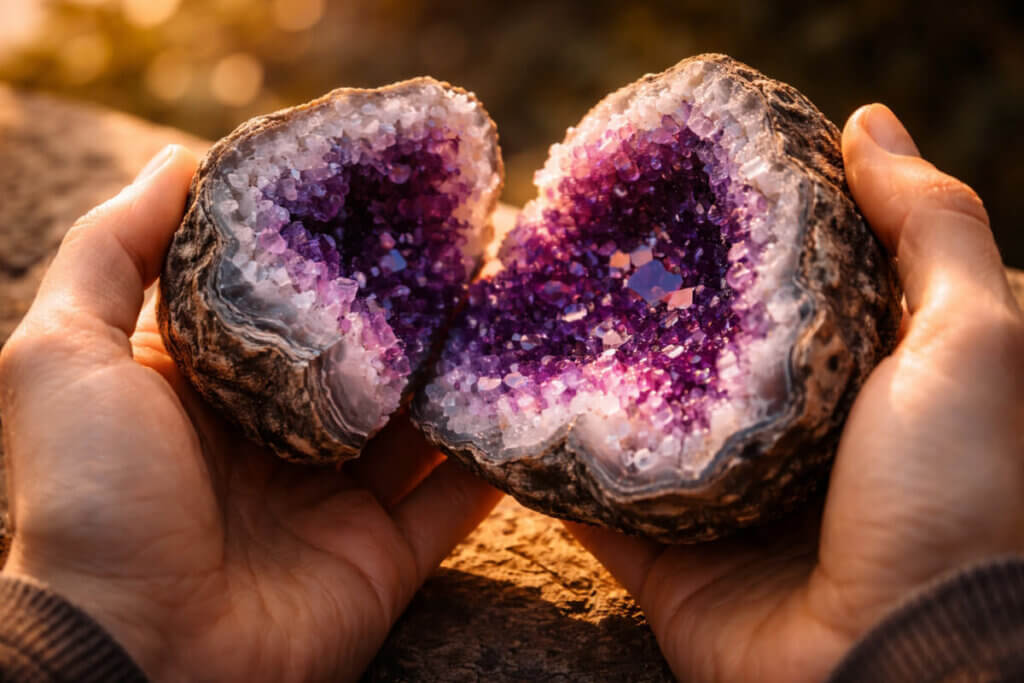 Nomi con la G: mani che aprono una geode, simbolo di una bellezza e grandezza nascosta.
