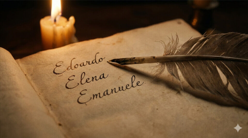  Nomi che iniziano con la E: una penna d'oca su un libro antico con i nomi Edoardo ed Elena, simbolo di storia ed eleganza.