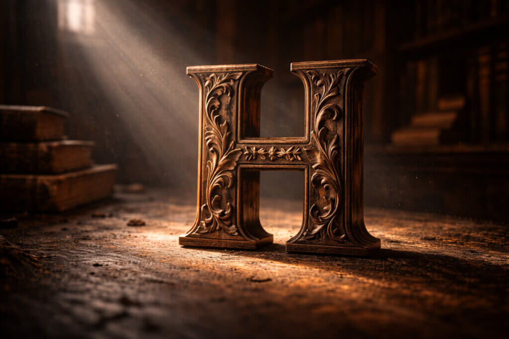 Lettera H di legno antico illuminata da un raggio di luce in una libreria, a simboleggiare il fascino raro e la storia dei nomi con la H.