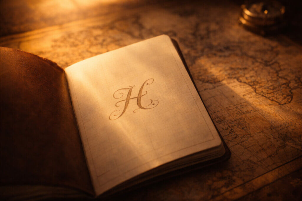 Un passaporto vintage aperto su una mappa del mondo, con la lettera H in filigrana, a simboleggiare la natura internazionale dei nomi con la H.