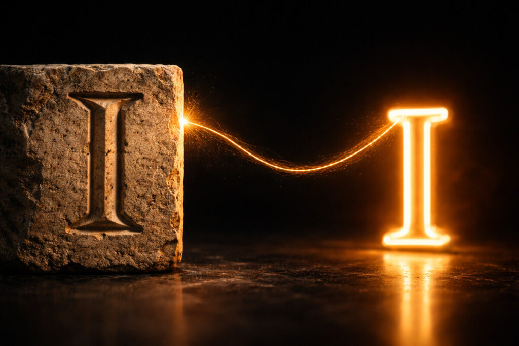 Una lettera I scolpita nella pietra romana e una lettera I al neon moderna, collegate da un filo di luce, a simboleggiare la dualità dei nomi con la I.