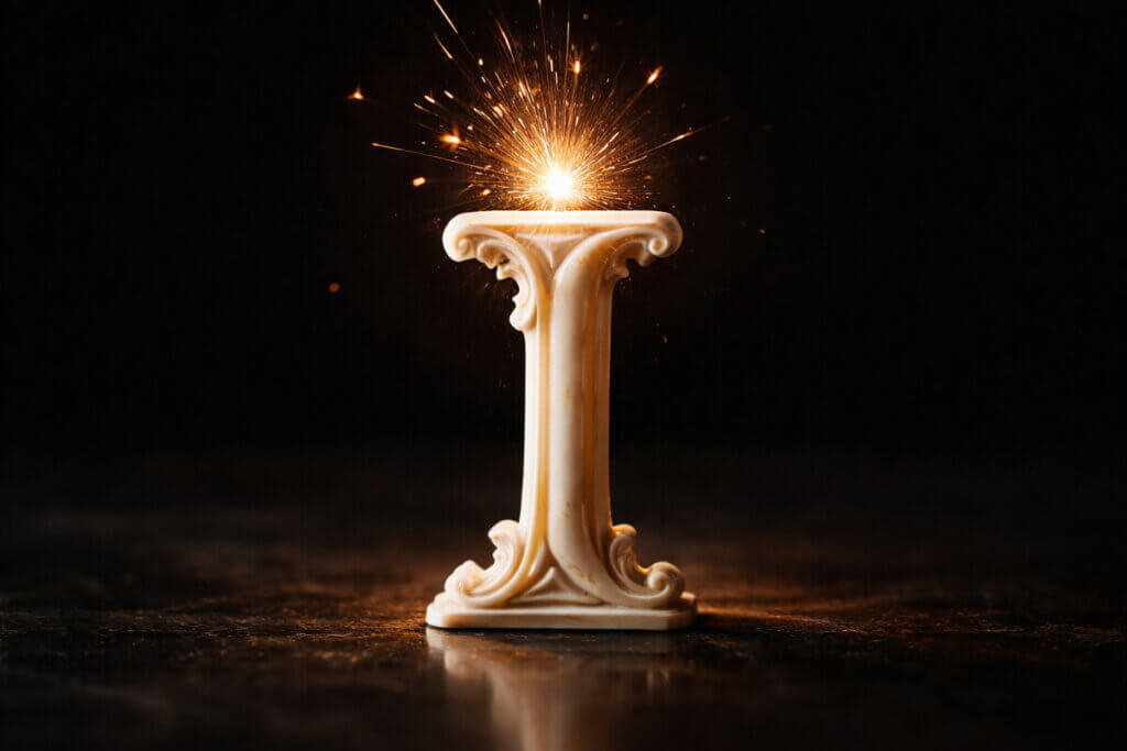 Lettera I in avorio antico da cui scaturisce una scintilla di luce, a simboleggiare l'ispirazione, l'idea e l'ingegno dei nomi con la I.