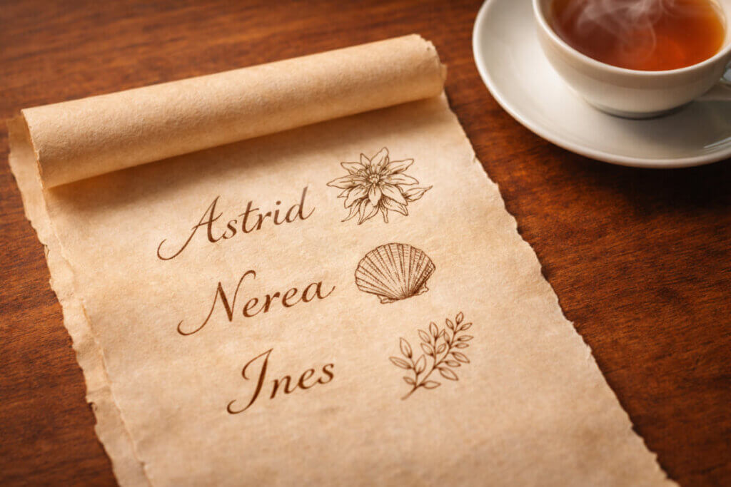 Pergamena con nomi femminili rari internazionali come Astrid, Nerea e Ines.