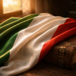 Guida ai nomi maschili italiani 2026: una bandiera italiana su un libro antico, simbolo di tradizione.