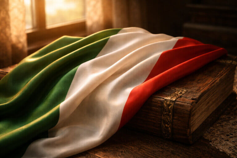 Guida ai nomi maschili italiani 2026: una bandiera italiana su un libro antico, simbolo di tradizione.