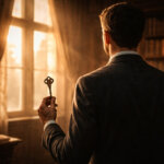 Guida ai nomi maschili particolari ed eleganti: un uomo con una chiave in una biblioteca, simbolo di scoperta.