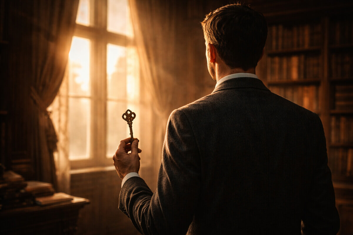 Guida ai nomi maschili particolari ed eleganti: un uomo con una chiave in una biblioteca, simbolo di scoperta.