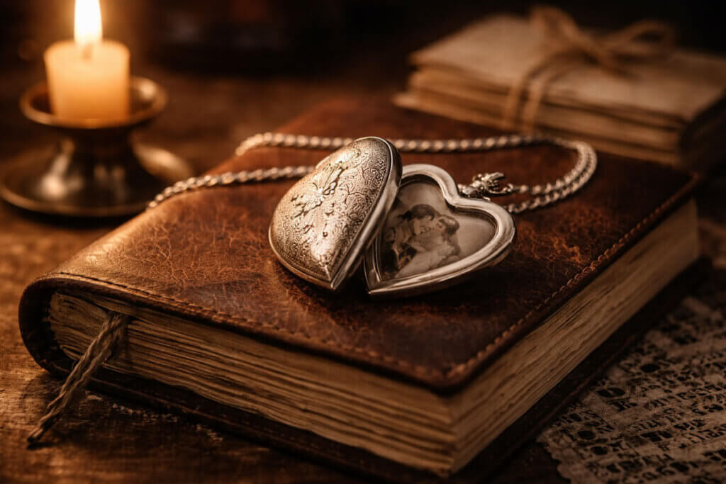 Nomi vintage femminili: un medaglione d'argento su un diario, simbolo di fascino e segreti.