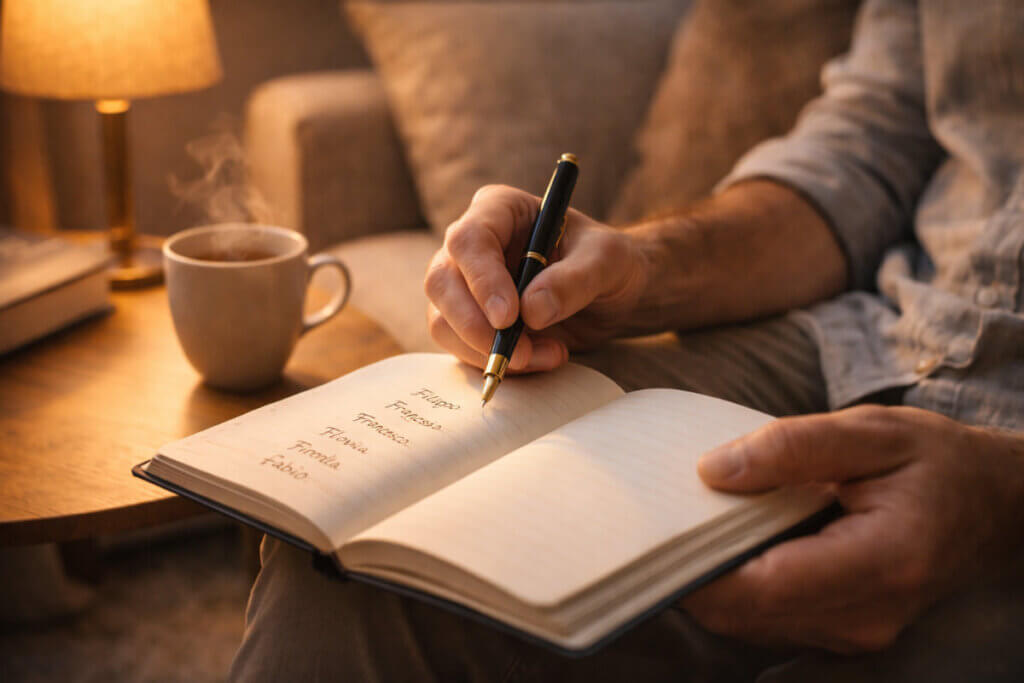 Riflessioni sulla scelta di un nome con la F, scrivendo su un diario.