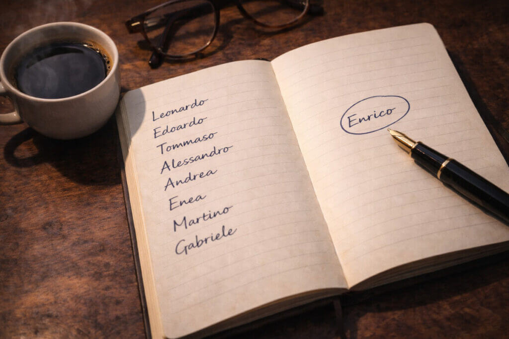 Il processo di scelta del nome maschile perfetto per il 2026, con una lista di nomi su un taccuino.