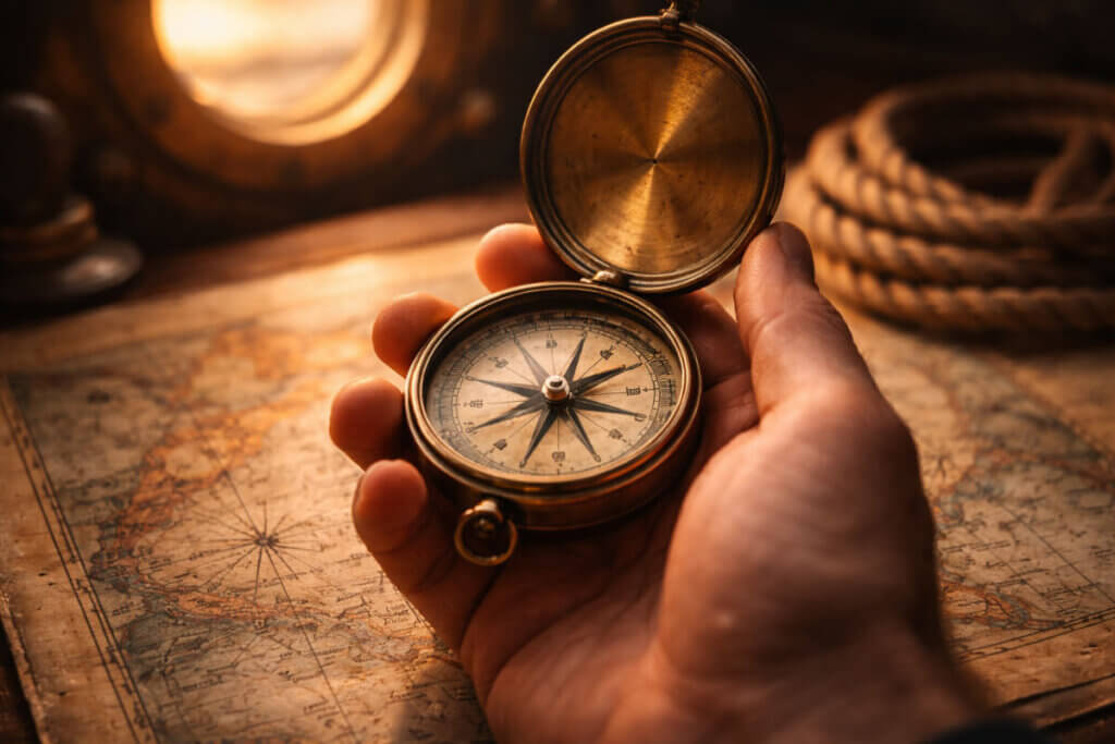Scegliere la direzione giusta tra i nomi con la C: una bussola antica su una mappa.