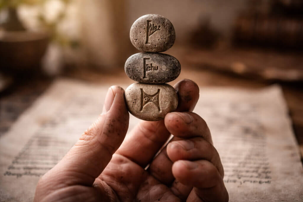 Mano che tiene in equilibrio tre pietre runiche, a simboleggiare la scelta ponderata di un nome maschile con un significato profondo.
