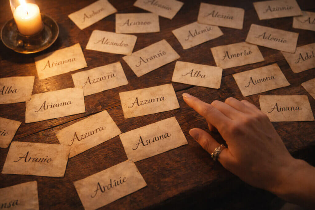 Scelta tra i nomi che iniziano con la A: una mano sceglie tra tanti nomi scritti su cartoncini.