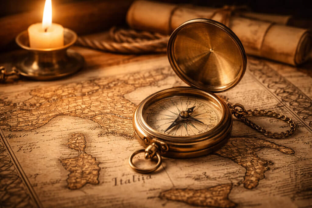 Una bussola su una mappa antica d'Italia, simbolo della ricerca e della scoperta dei nomi maschili italiani.