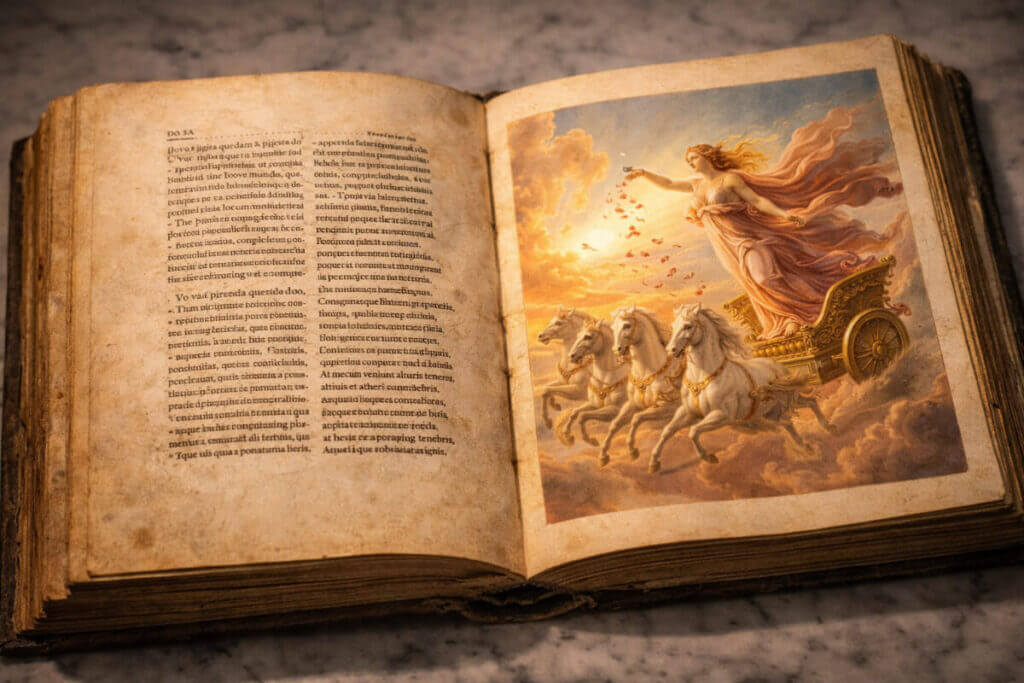 Significato del nome Aurora e la sua origine mitologica, con l'illustrazione della dea romana dell'alba su un libro antico.