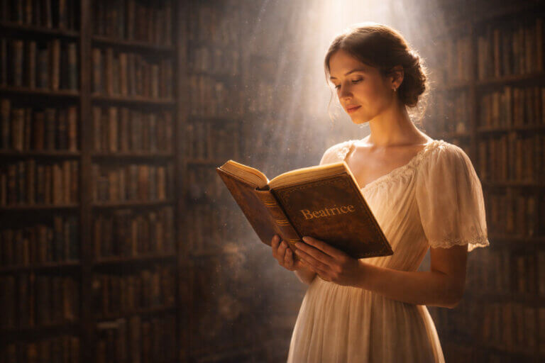 Significato del nome Beatrice: una donna che rappresenta la guida spirituale in una biblioteca antica.