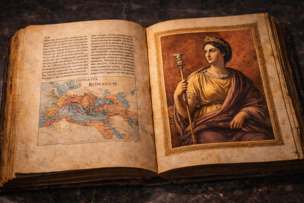 Significato nome Giulia e la sua origine nell'antica Roma, con l'illustrazione di una nobildonna della Gens Iulia su un libro di storia.