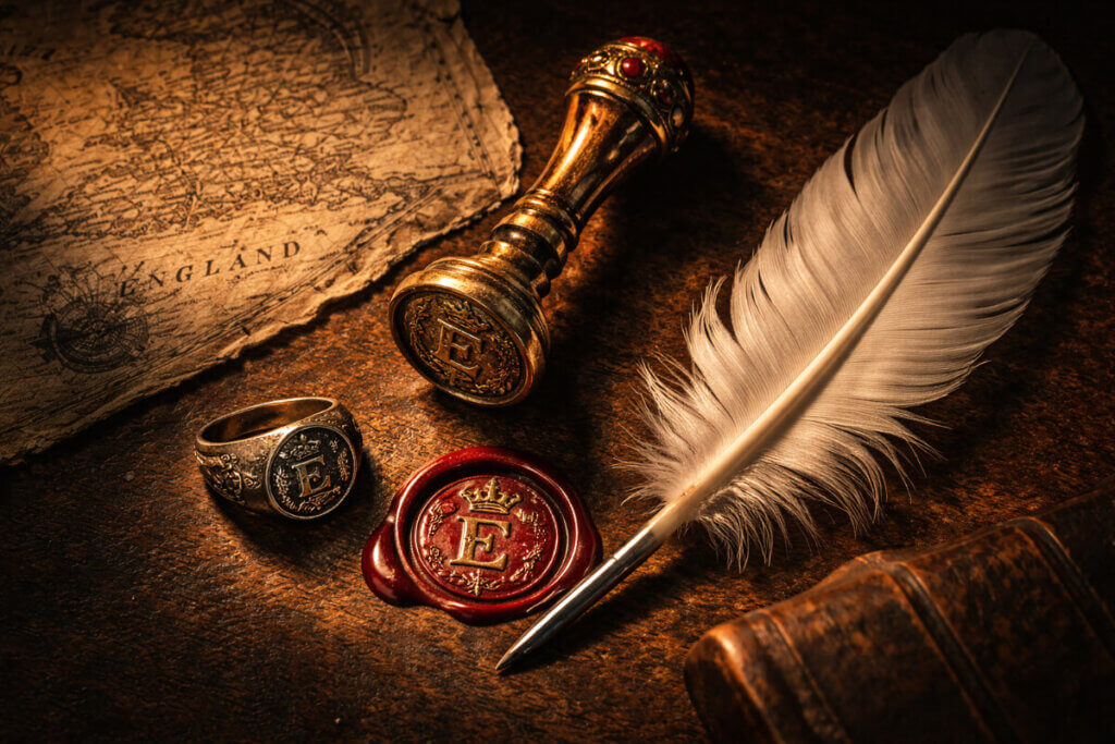 Composizione simbolica con un sigillo reale, una mappa antica e una penna d'oca, che rappresenta la ricca storia e l'eredità del nome Edoardo.